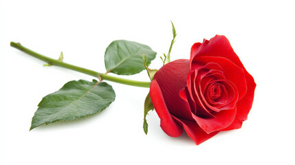 bright red rose with green leaves on white background, symbolizing love and beauty