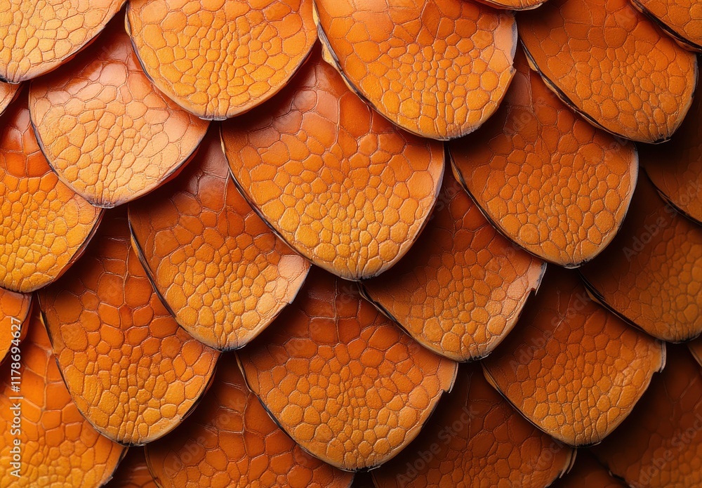 Poster close-up view of intricate orange scales depicting a vibrant and textured surface, perfect for natur