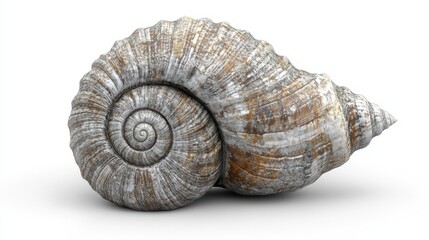 Close-up of a large, spiral seashell on a white background.