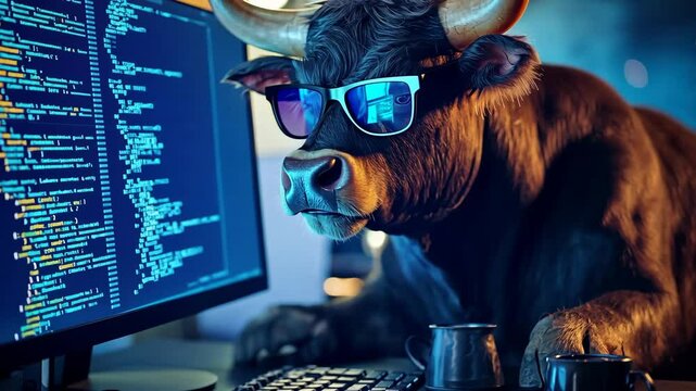 A Stunning Visual of a Bull in Glasses Combining Technology and Nature at a Computer Desk