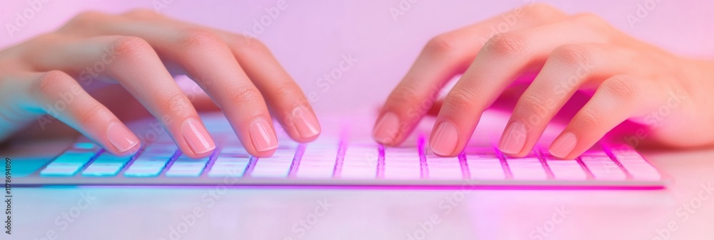 Poster futuristic typing neon hues highlight digital focus on a mechanical keyboard