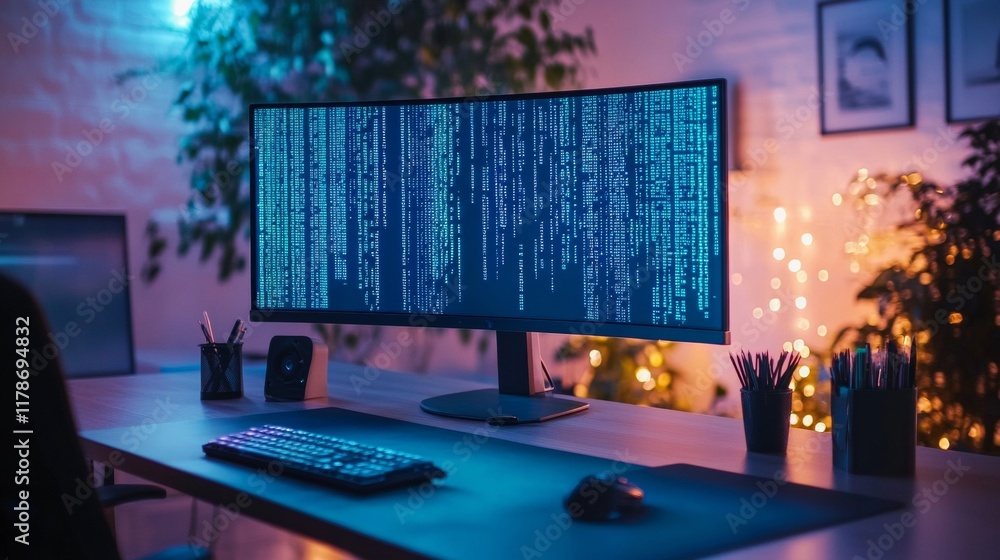 Poster Futuristic Workspace with Neon Lighting and Digital Code Display
