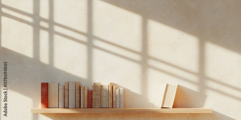Poster sunlit minimalist bookshelf with vintage texts and shadows