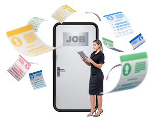 Woman holding tablet near a smartphone with a 'Job' sign on the screen. Colorful resumes flying...