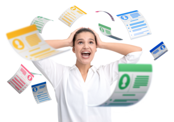 Woman holding head with flying colorful resumes around, isolated on white. Concept of job search, HR challenges, and recruitment stress