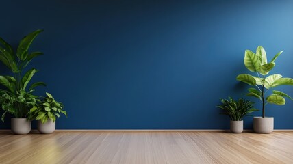 Fototapeta premium Serene dark blue room with plants gracefully arranged on a rustic wooden floor, creating a calming atmosphere.
