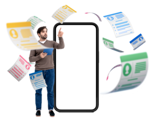 A person holding a tablet near a large smartphone with floating colorful resumes around, isolated on white background. Concept of job search