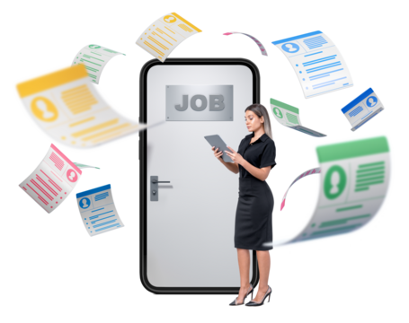 Woman holding tablet near a smartphone with a 'Job' sign on the screen. Colorful resumes flying around. White background, job search concept - Powered by Adobe