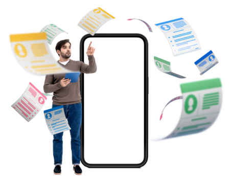A person holding a tablet near a large smartphone with floating colorful resumes around, isolated on white background. Concept of job search