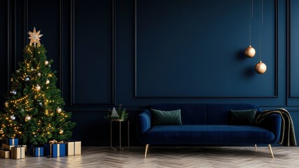 Stylish modern living room featuring a sophisticated navy blue color scheme and contemporary decor elements.