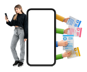 Woman holding smartphone, mockup screen beside colorful cartoon hands presenting resumes, transparent background. Concept of job search, HR