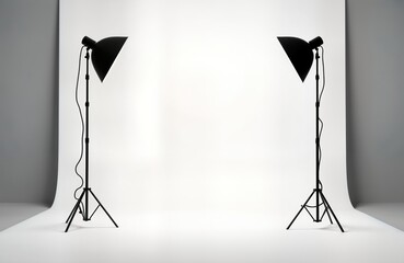 Empty white studio with two black floor spotlights. Clean, bright studio space. Mockup perfect for product photos video shooting. Ideal for fashion, product, interior design projects. Blank space for