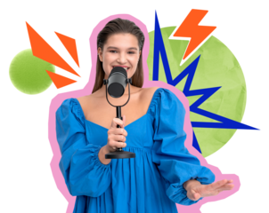 Woman holding a microphone, wearing a blue dress, surrounded by vibrant abstract shapes on a white background. Concept of creativity and expression
