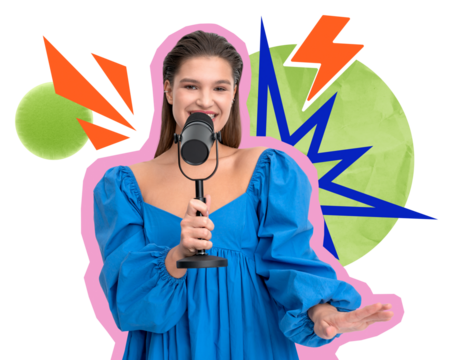 Woman holding a microphone, wearing a blue dress, surrounded by vibrant abstract shapes on a white background. Concept of creativity and expression