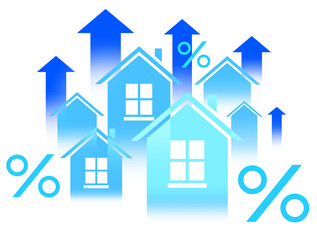 Blue houses with percentage signs and upward arrows, isolated on a white background, representing property value or mortgage rate increase concept