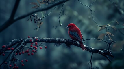 A red tanager perched on a tree limb at dusk