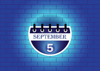 A graphic design of a calendar page showing September 5th.  The page is circular and blue, set against a textured blue brick wall. The overall aesthetic is modern and minimalist.