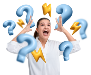 Woman expressing frustration with hands raised, surrounded by floating blue question marks and yellow lightning bolts, isolated on white
