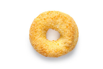 Round biscuits with a hole on a white background. One cookie is isolated with a shadow.