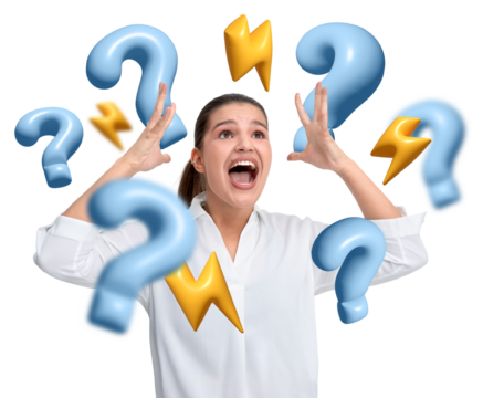 Woman expressing frustration with hands raised, surrounded by floating blue question marks and yellow lightning bolts, isolated on white