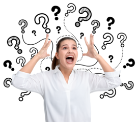 Woman in white shirt looking stressed with hands raised, surrounded by multiplequestion marks on a white background, concept of confusion