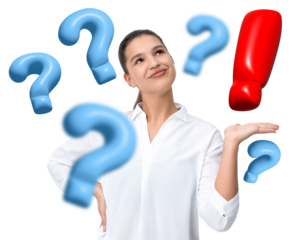 Smiling woman in white shirt posing with hand up surrounded by 3D blue question marks and red exclamation mark on white background, concept of decision-making