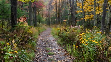A route in the woodland with flowers and greenery in the fall