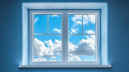 Blue wall window, sunny sky view, cloudscape, home interior design.