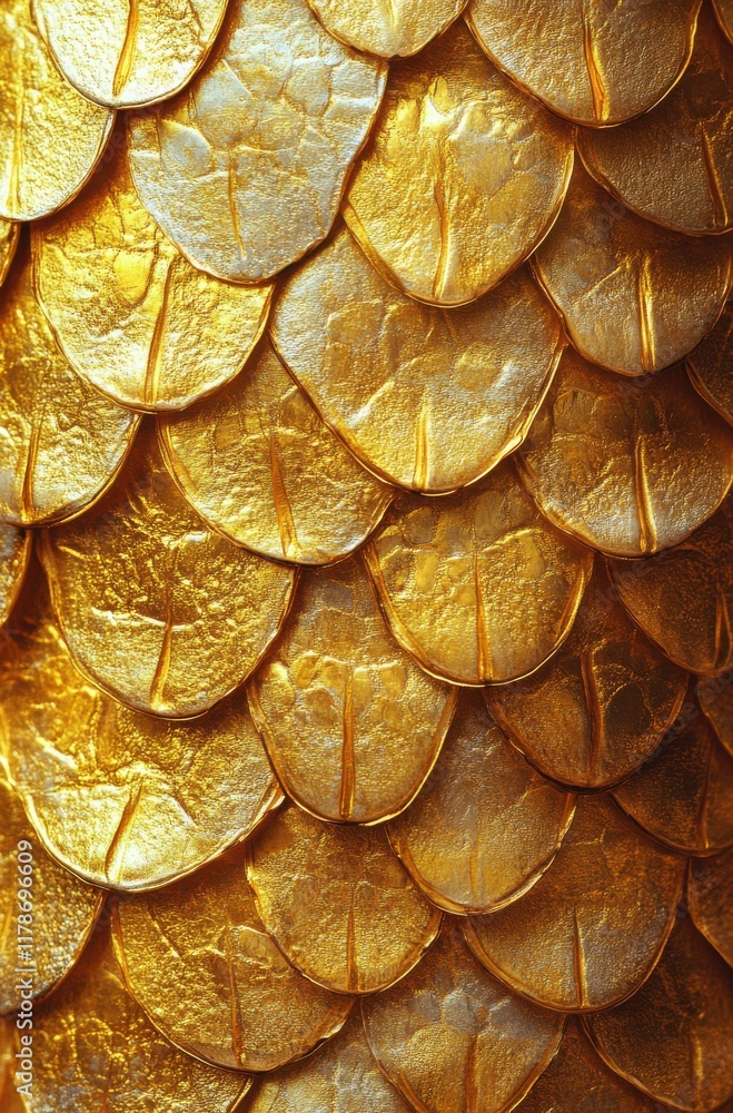 Poster close-up view of unique golden fish scales with shimmering texture and realistic detail suitable for