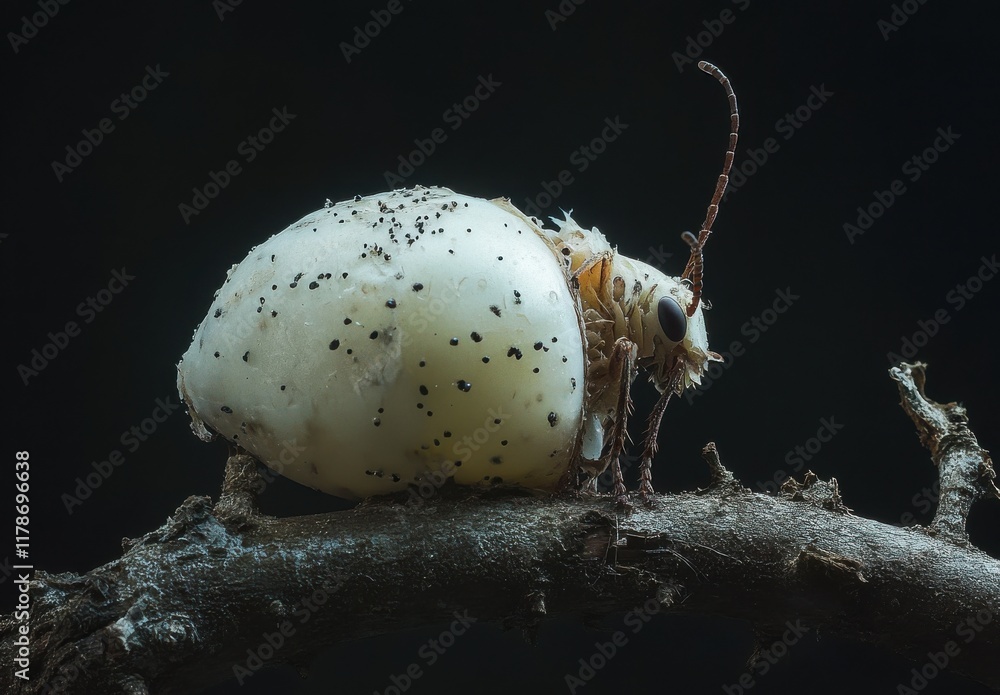 Poster close-up view of unique insect with white protective shell resting on branch in a natural environmen