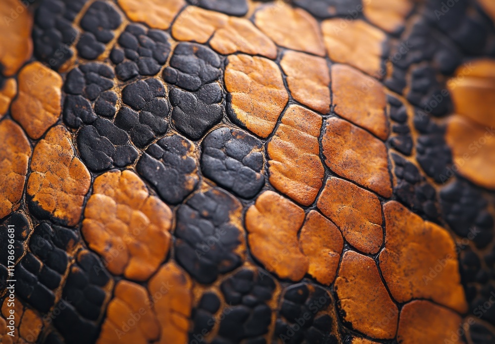 Poster close-up view of unique textured skin pattern displaying interconnected hexagonal scales in shades o
