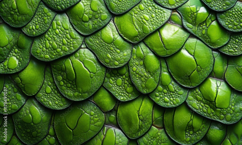 Poster close-up view of vibrant green scales with textured patterns, showcasing nature's unique and intrica