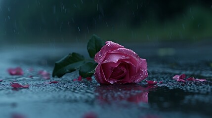 A scene of a dark rose the most exquisite blossom on the road complete with sprinkles of water