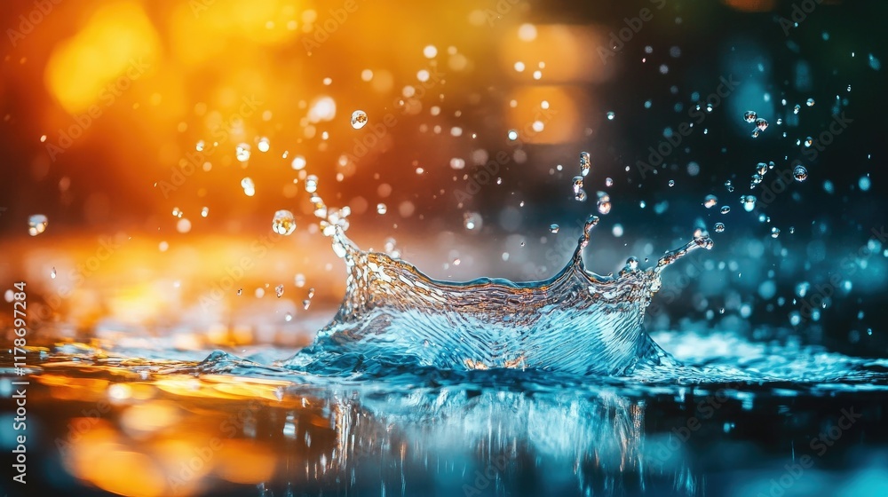 Poster water splashes in the air against a dark backdrop, creating a clean and refreshing abstract visual w