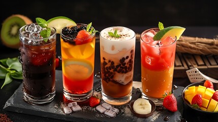 A selection of fruit based drinks famous cocoa fruit flavor bubbly tea