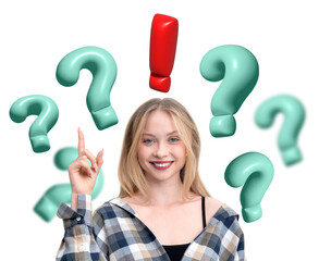 Smiling woman pointing upward, surrounded by green question marks and a red exclamation mark on a white background. Concept of ideas and solutions