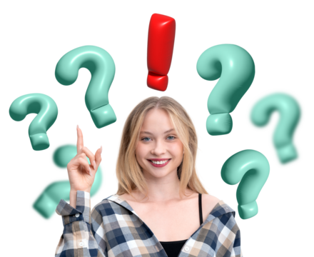 Smiling woman pointing upward, surrounded by green question marks and a red exclamation mark on a white background. Concept of ideas and solutions