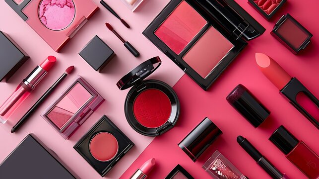 A selection of high end cosmetics that are open and angled to slightly vivid pinks and reds on a mackup ground