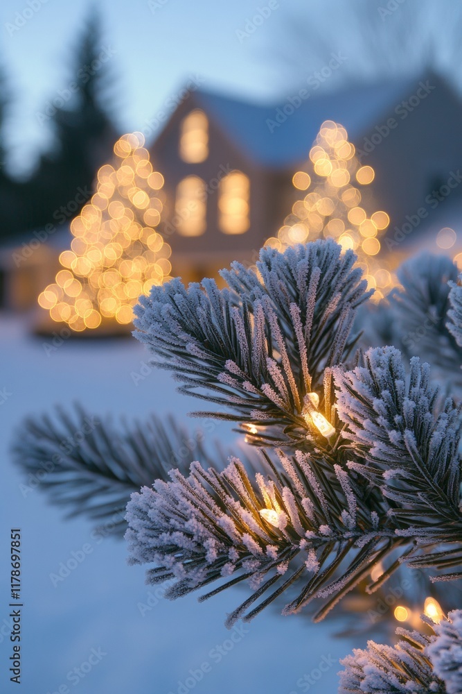 Poster frosted fir branch with festive lights in a cozy winter setting