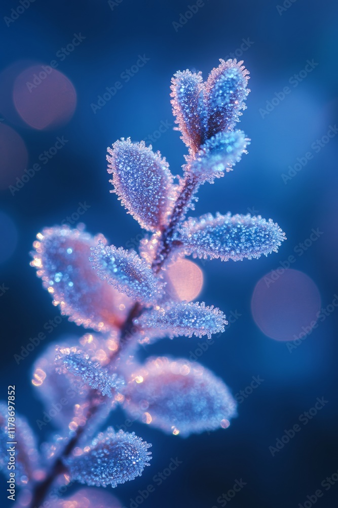 Poster frosty elegance close-up of ice-covered fir branch with winter bokeh background