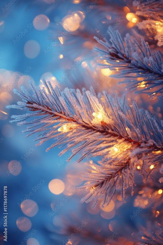 Poster frosty elegance close-up of frost-covered fir branch with winter bokeh glow