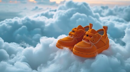 A set of orange infant footwear soaring above clouds
