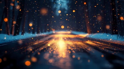 Soft blurred golden lights shimmer faintly along a snow-laden forest road evoking a peaceful and dreamy winter wonderland atmosphere