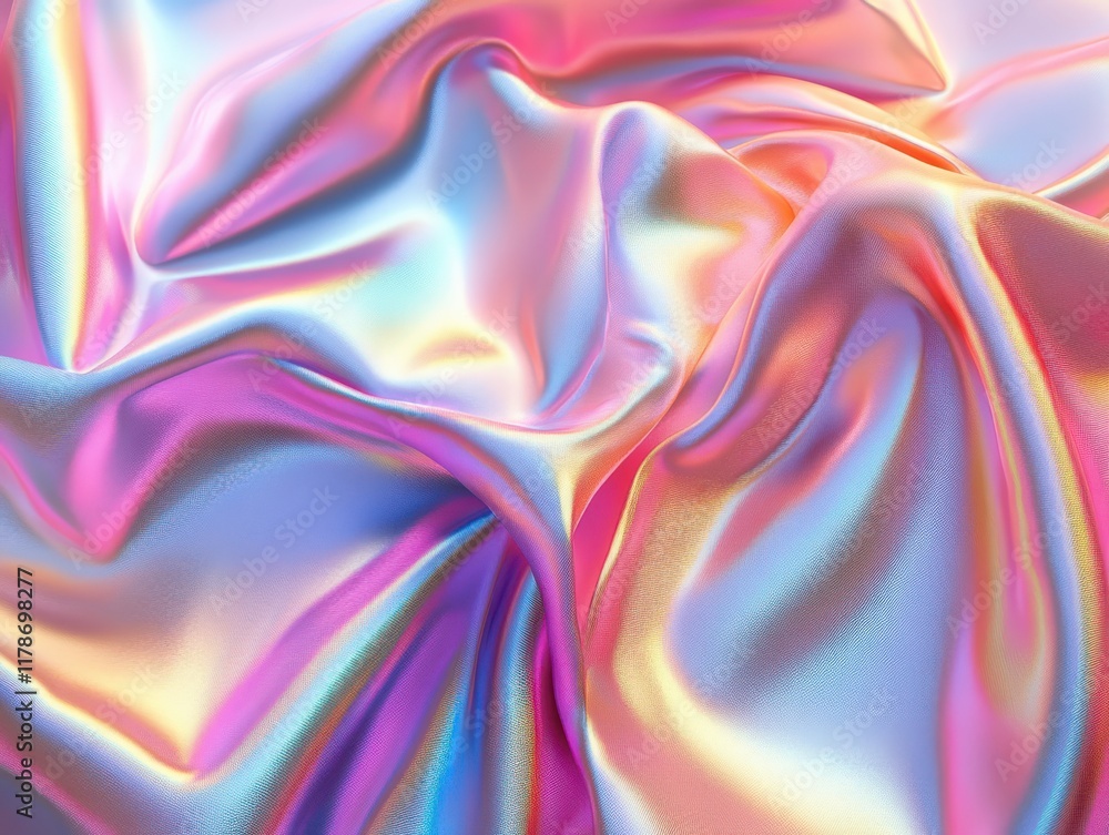 Poster colorful iridescent satin fabric texture with soft folds and smooth surface reflecting light in shad