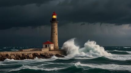 Obraz premium View of the lighthouse during a storm on the Black Sea 
