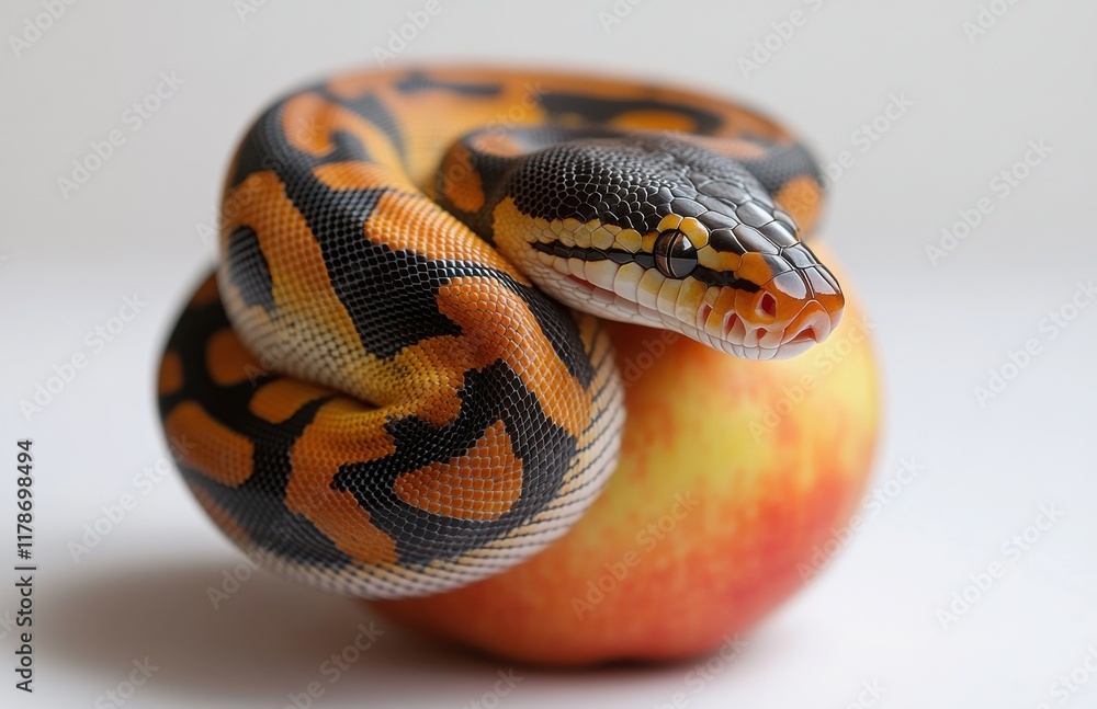Poster colorful snake coiled around a fresh apple, showcasing the unique patterns and texture of the reptil