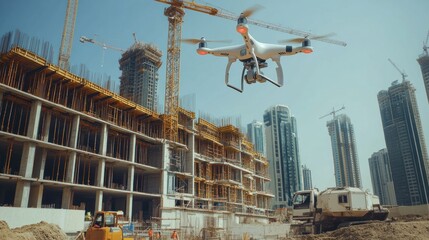 A drone surveys a construction site with skyscrapers in the background.