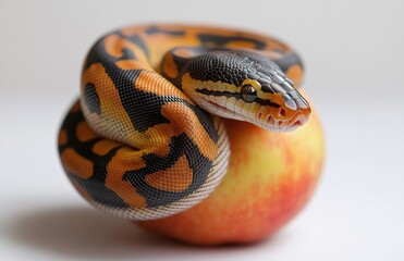 Fototapeta premium Colorful Snake Coiled Around a Fresh Apple, Showcasing the Unique Patterns and Texture of the Reptile Against a Simple Background