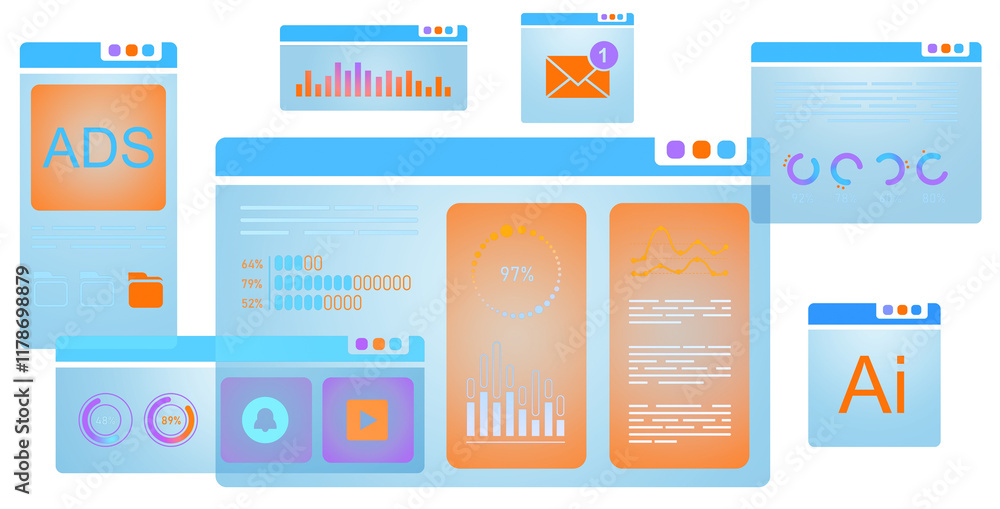 Aufkleber digital dashboard interface with analytics, charts, notifications, ads, and email icons in a modern 