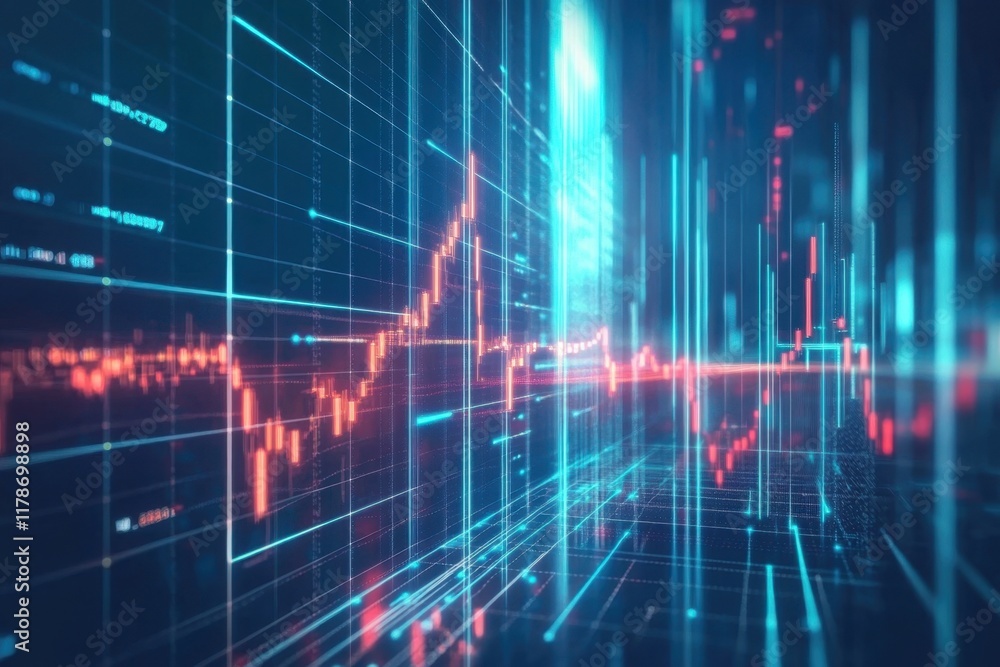 Poster digital stock market trends display with upward movement and vibrant data visualization